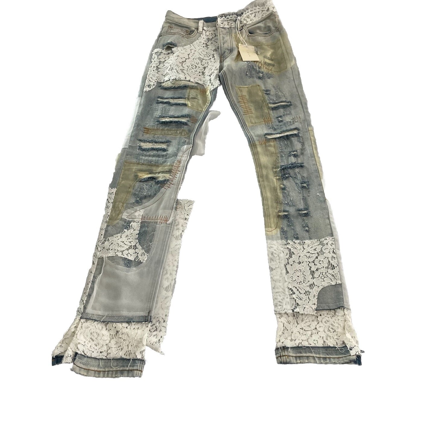 MNML Jeans Men's 28 Lace Patches Denim Y2K Skater Grunge Pants