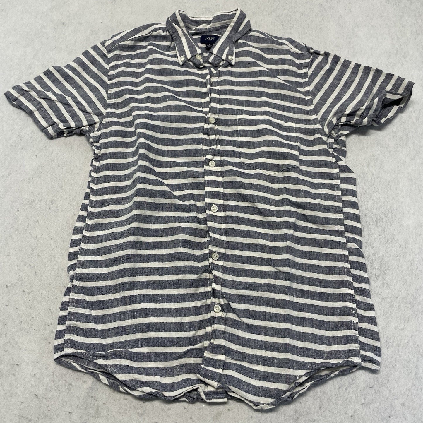 J. CREW Shirt Mens S Gray Striped 100% Linen Button Down Short Sleeve C1953