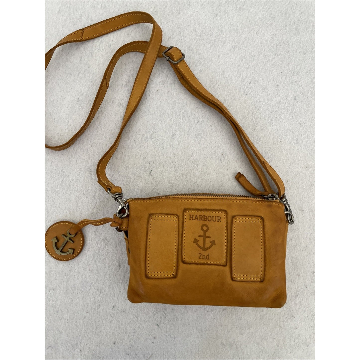 HARBOUR 2ND Distressed Genuine Leather Crossbody Phone Bag Handbag - Cognac