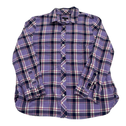 Talbots Top Womens Size Petite Large Purple Blue Pink Plaid Long Sleeve