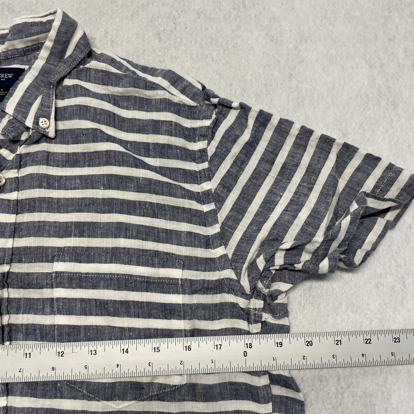 J. CREW Shirt Mens S Gray Striped 100% Linen Button Down Short Sleeve C1953