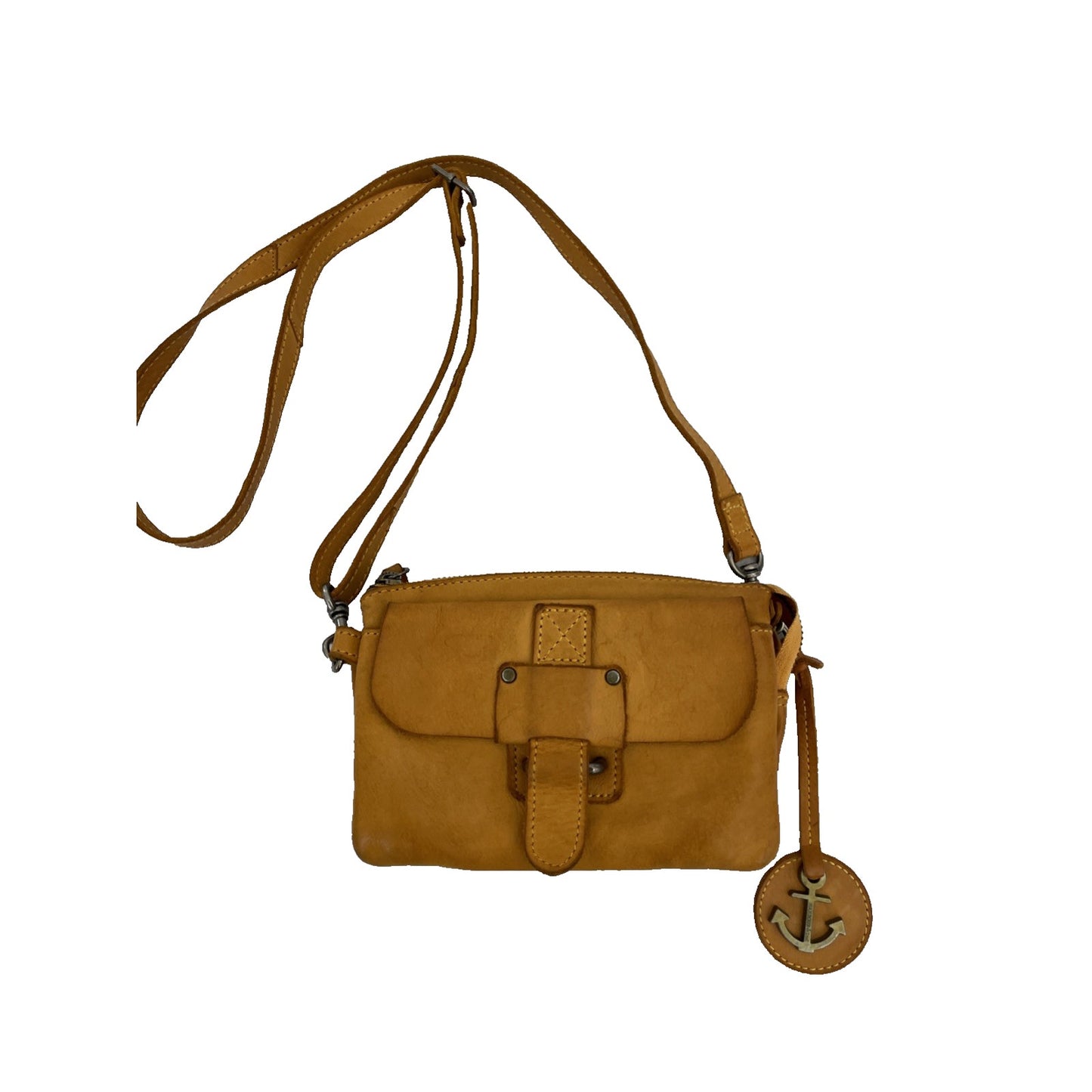 HARBOUR 2ND Distressed Genuine Leather Crossbody Phone Bag Handbag - Cognac