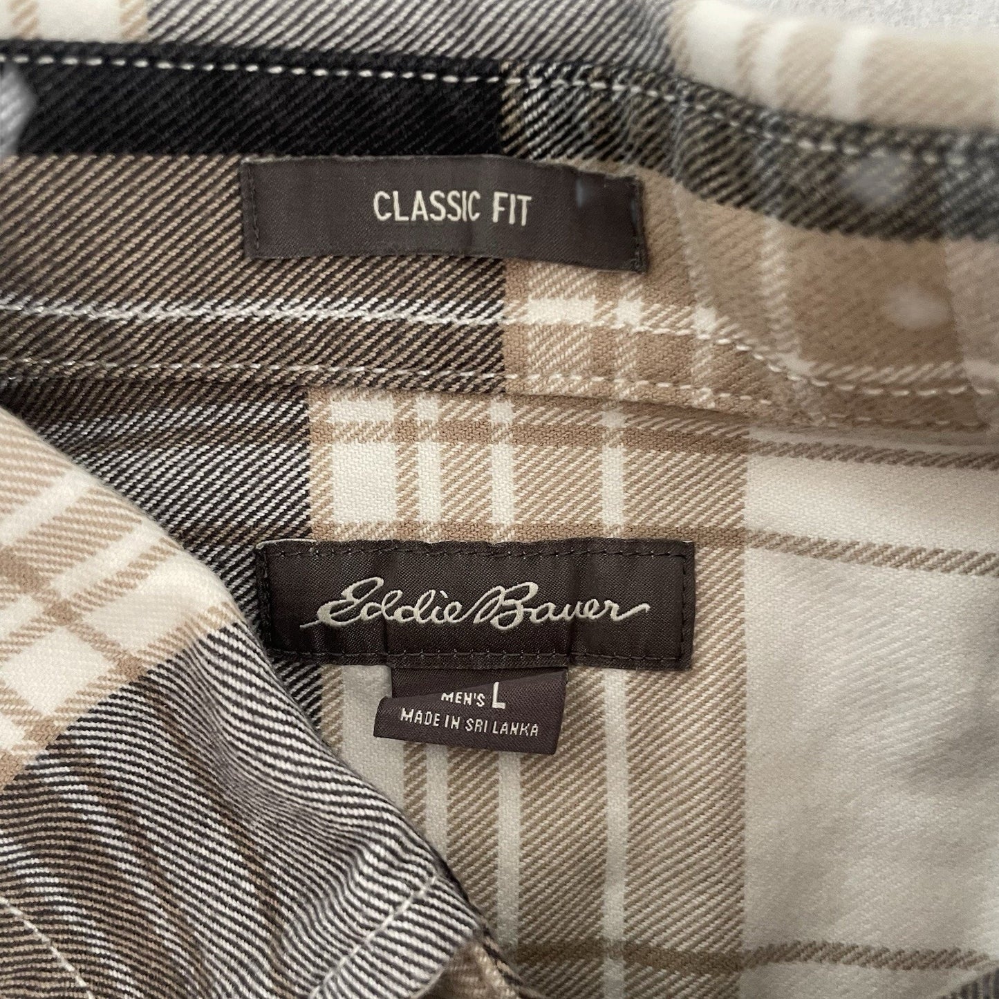 Eddie Bauer Men's L Flannel Shirt Brown Plaid Heavy Cotton Button Up Outdoor