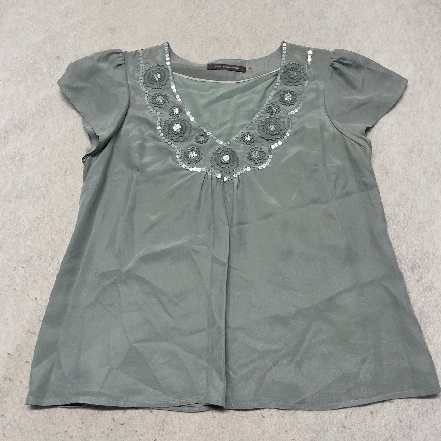 Boden Limited Edition Blue 100% Silk Shirt Women's Size 10 Blouse Short Sleeve